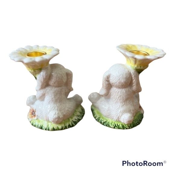 Hand painted Spring White Bunny Ceramic Candle holder Easter Bunny Crackle Paint - Picture 9 of 11